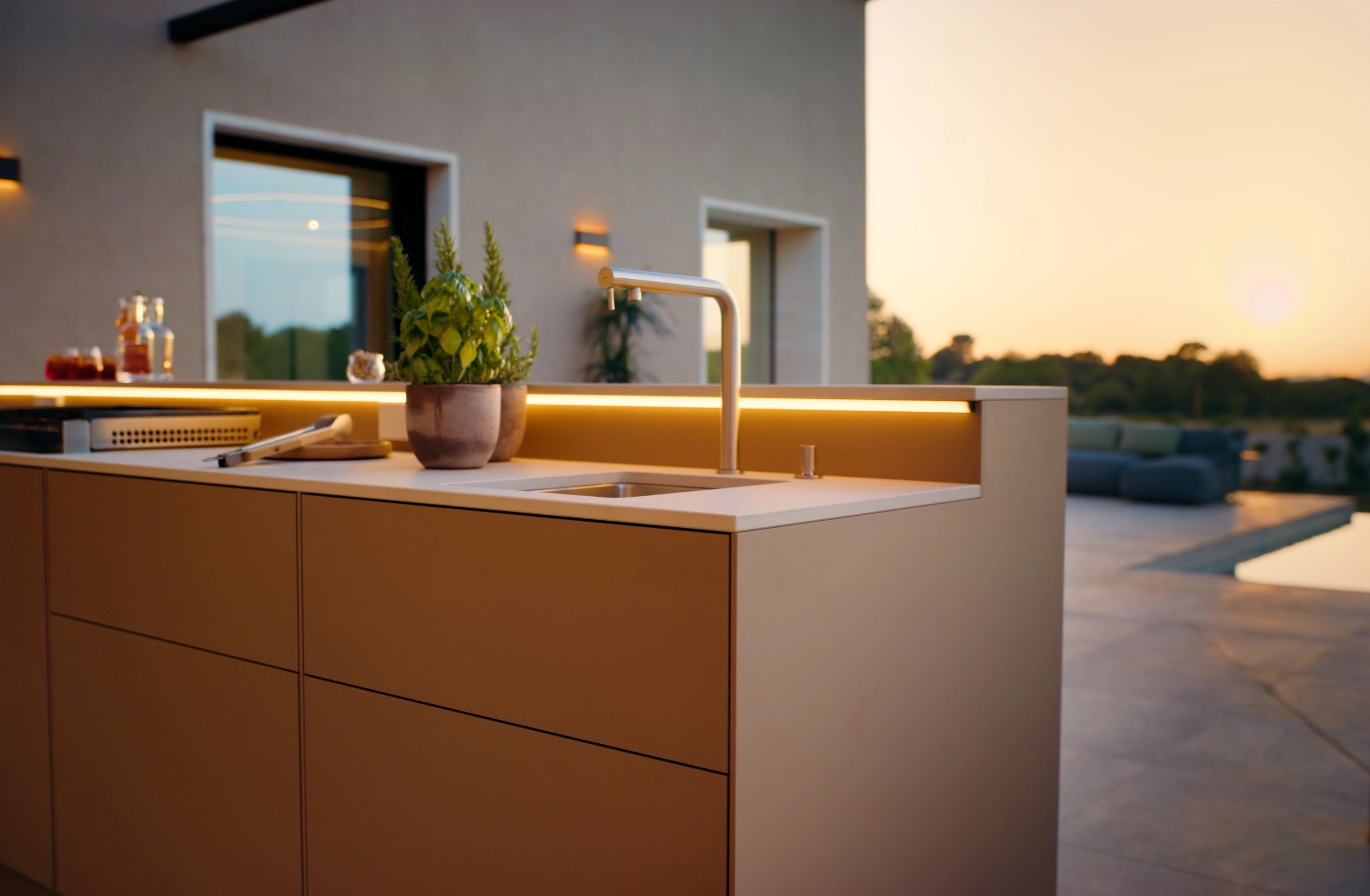 Sandfarbene Außenküche mit Spüle und indirekter Beleuchtung auf einer Poolterrasse bei Sonnenuntergang